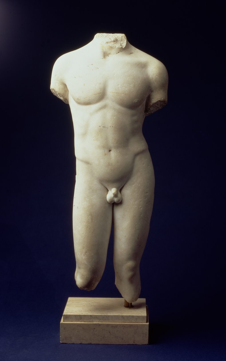 Romeinse mannelijke torso van een jeugdige figuur, naar een Polyclitaans bronzen origineel uit de 5e eeuw v.Chr. (voorzijde) ca. 1e eeuw n.Chr. door Unbekannt