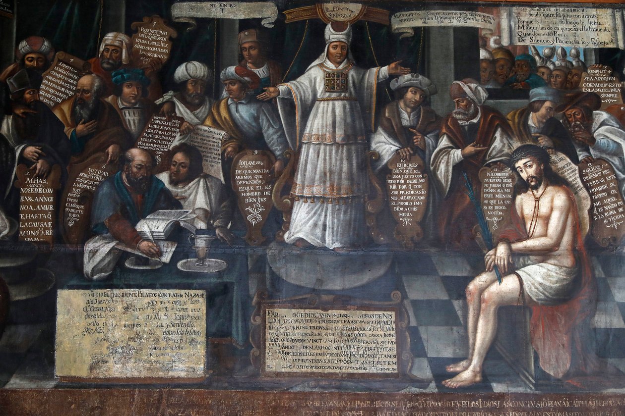 San Francisco museum en klooster, Quito, Ecuador. Schilderij dat het proces van Jezus toont (fotografie) door Unbekannter Künstler