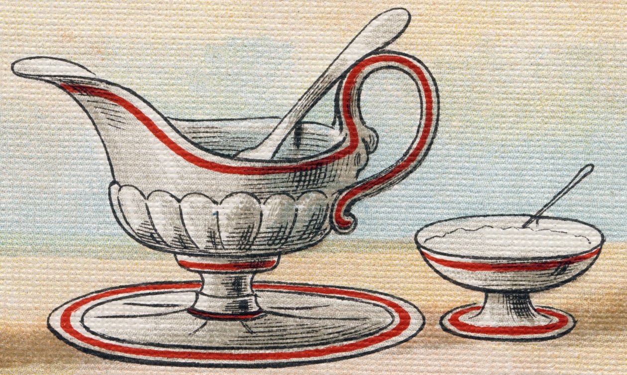 Saus en suikerpot. Gravure in "Alfabet van mijn kleine meisje". Bernardin-Bechet en Fils, boekhandel-uitgevers, Parijs, circa 1895. door Unbekannt