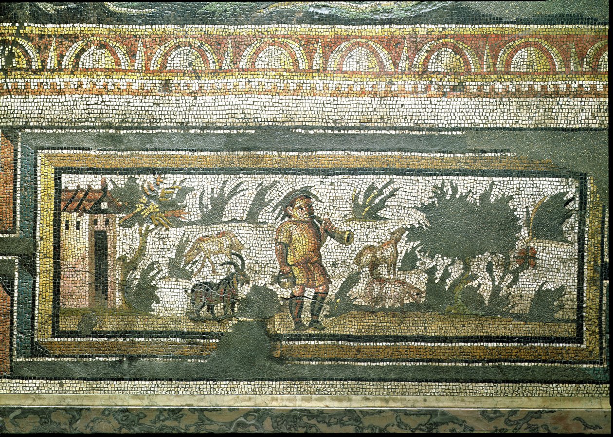 Scène van een geitenhoeder met zijn geiten, detail van de rand van een mozaïekvloer die de seizoenen en jachtscènes afbeeldt, uit de Constantijnse Villa in Daphne, Romeins, ca. 325-330 n.Chr. (marmer, kalksteen en glas) door Unbekannt