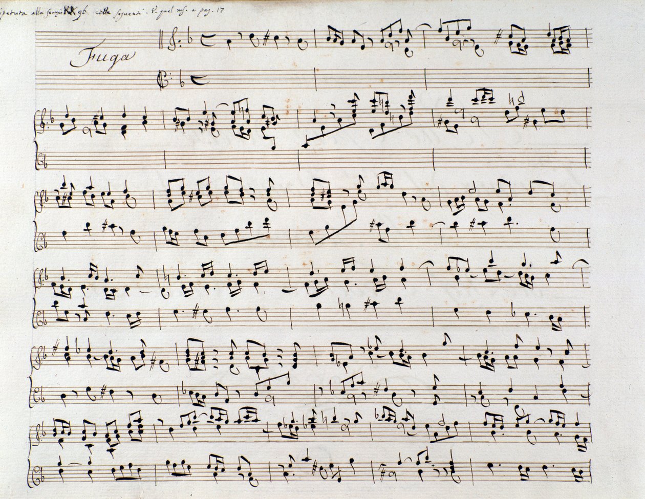 Bladmuziekpagina voor Händels Fuga uit een manuscript met twee werken, door Domenico Scarlatti en Friedrich Handel door Unbekannter Künstler