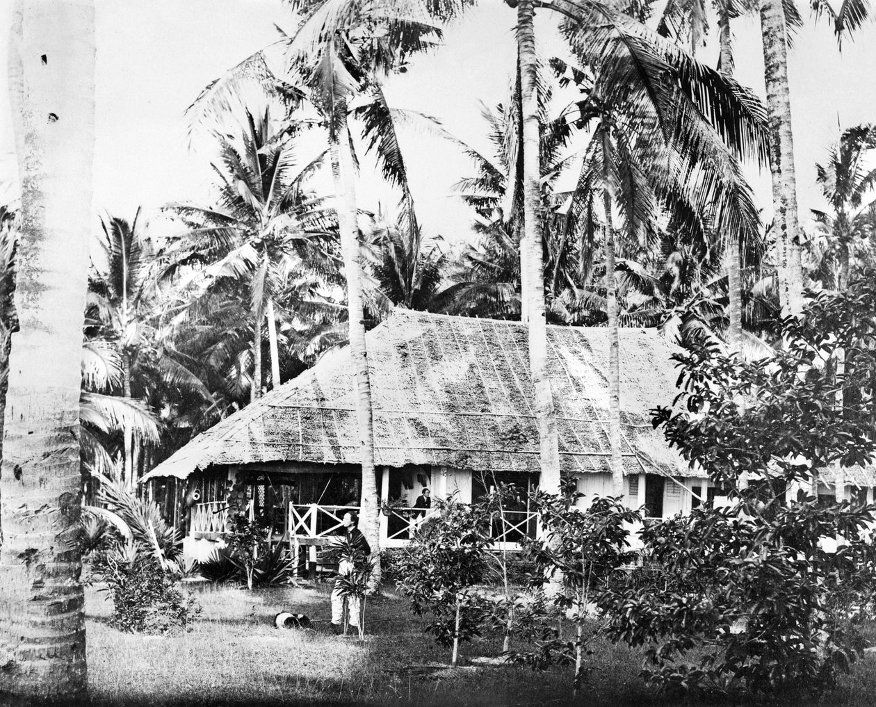 Singapore: Een privébungalow omgeven door palmbomen. Singapore, ca. 1875 door Unbekannt