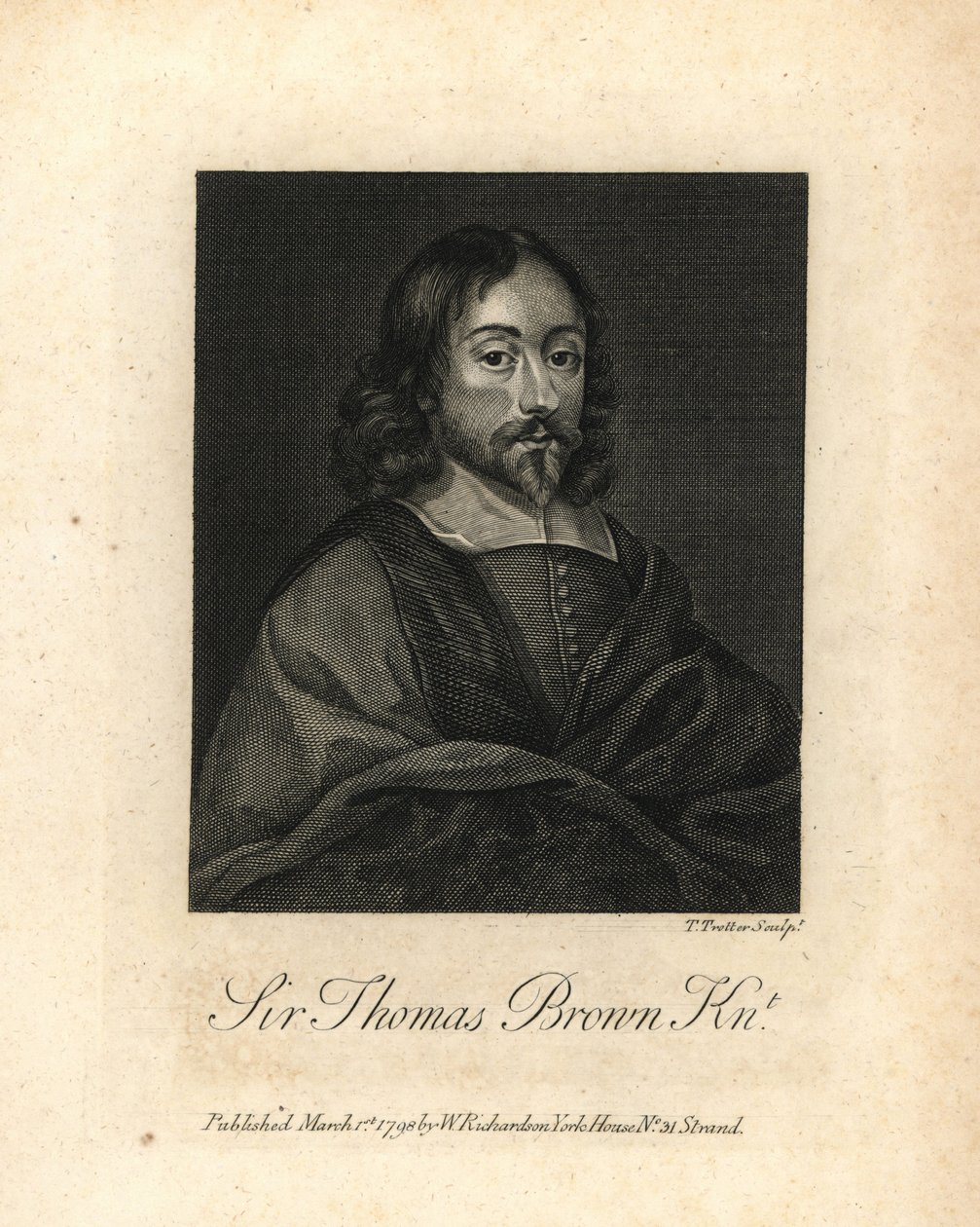 Sir Thomas Brown, Engels polymath en schrijver over wetenschap, geneeskunde, religie en het esoterische, stierf in 1682. Koperen gravure uit William Richard