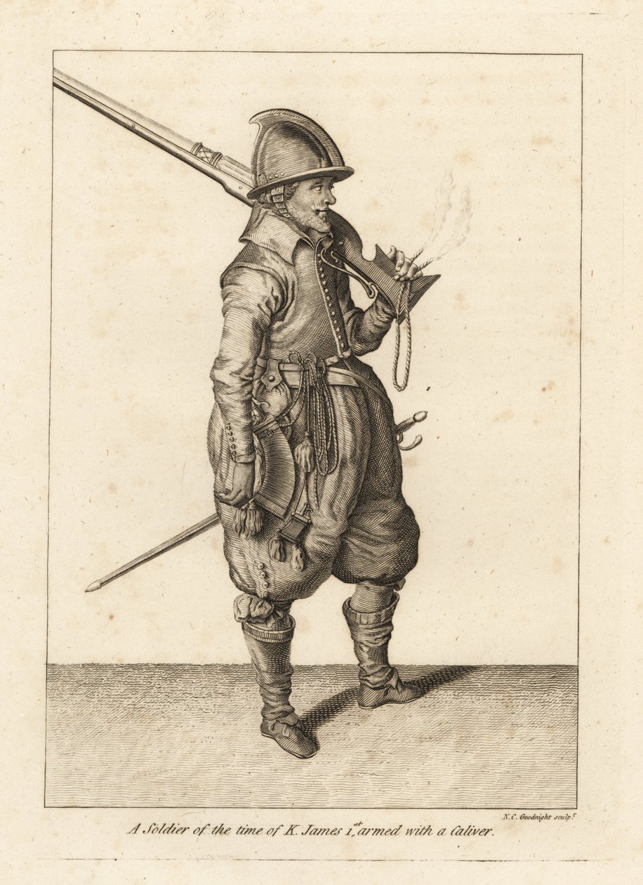 Soldaat uit de tijd van Koning Jacobus I bewapend met een caliver of haakbus door Unbekannt