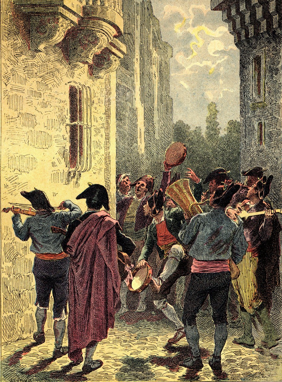 Spaanse Serenade. Gravure in De Volkeren van de Aarde 1890. door Unbekannter Künstler