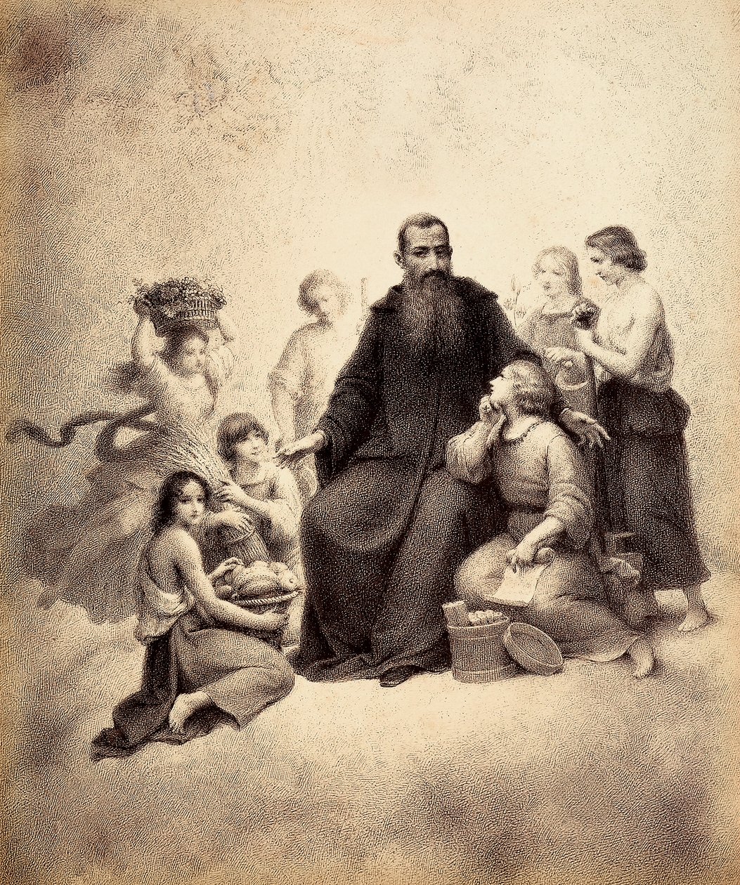 Sint Benedictus op de troon, omringd door jongeren met bundels tarwe en manden met fruit. Illustratie van Canto XXXII in Paradiso van De Goddelijke Komedie van Dante Alighieri. Werk van Francesco Scaramuzza opgedragen aan de gemeente Florence door Unbekannter Künstler