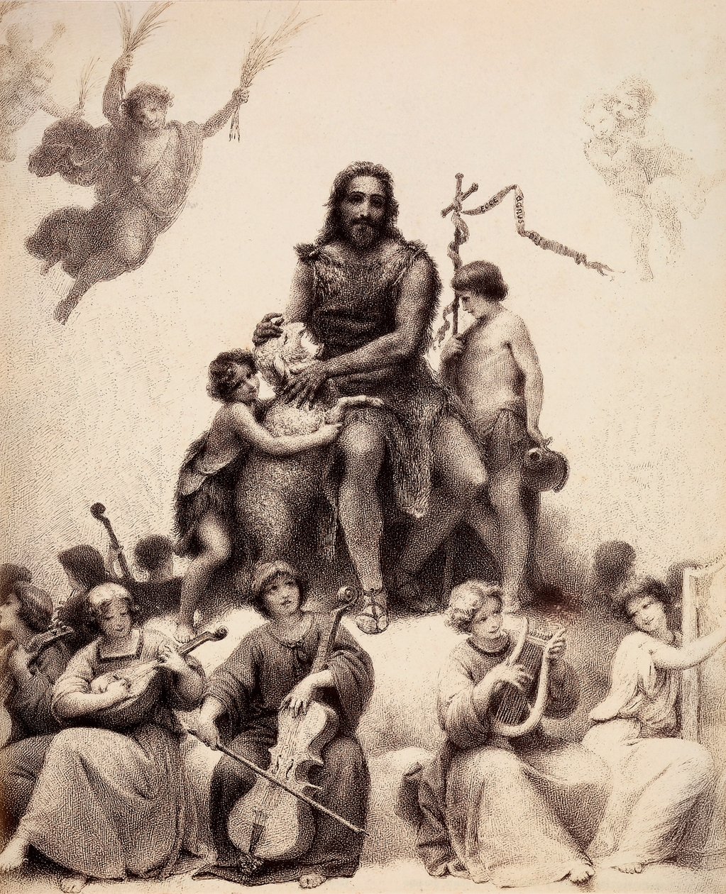 St. Johannes de Doper zit, omringd door muzikale engelen, en streelt een lam op zijn hoofd. Illustratie van Canto XXXII in Paradiso van De Goddelijke Komedie door Dante Alighieri. Werk van Francesco Scaramuzza opgedragen aan de gemeente Florence. door Unbekannter Künstler