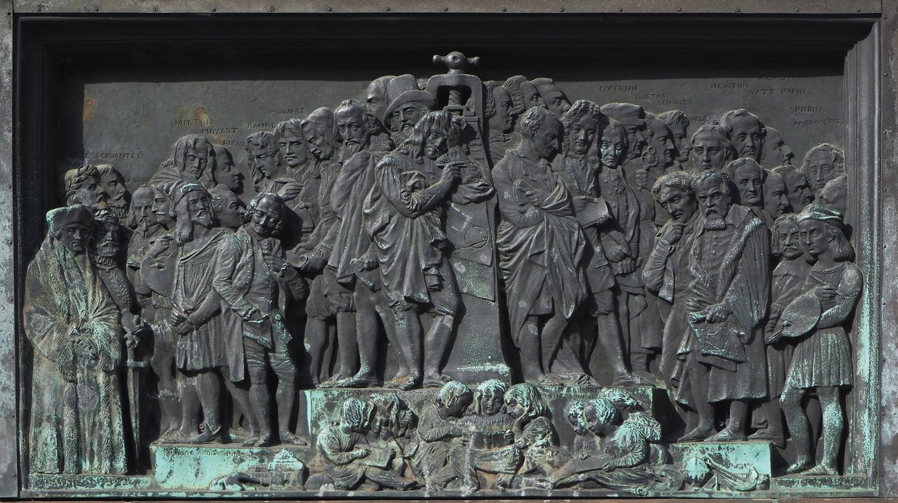 Straatsburg, Bas-reliëf van de sculptuur van Gutenberg. Europa door William M. Timlin