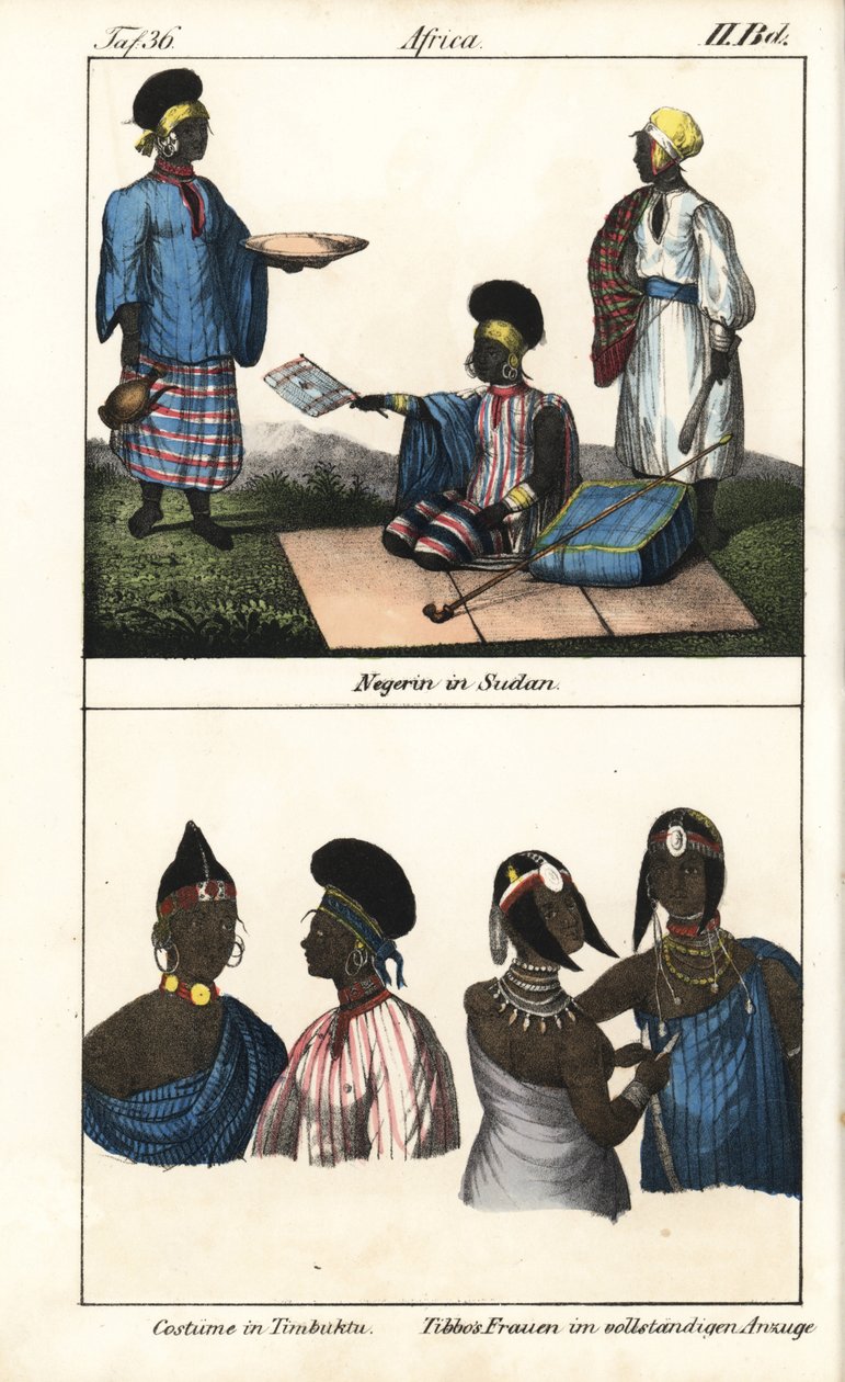 Soedanese vrouwen in gestreepte jurk. Hieronder, demmes van Timboektoe (Mali) en Tibbo vrouwen van de Sahara. Lithografie voor het boek: “Galerie complete en tableaux fideles des peuples d