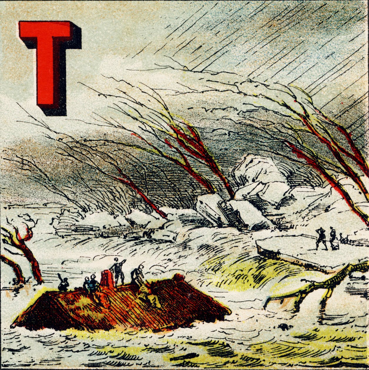 T - Stroomversnelling. Een zeer snelle waterstroom veroorzaakt door de grote helling van een terrein - Gravure uit Alphabet geographique, Guerin-Muller et Cie, Parijs door Unbekannt