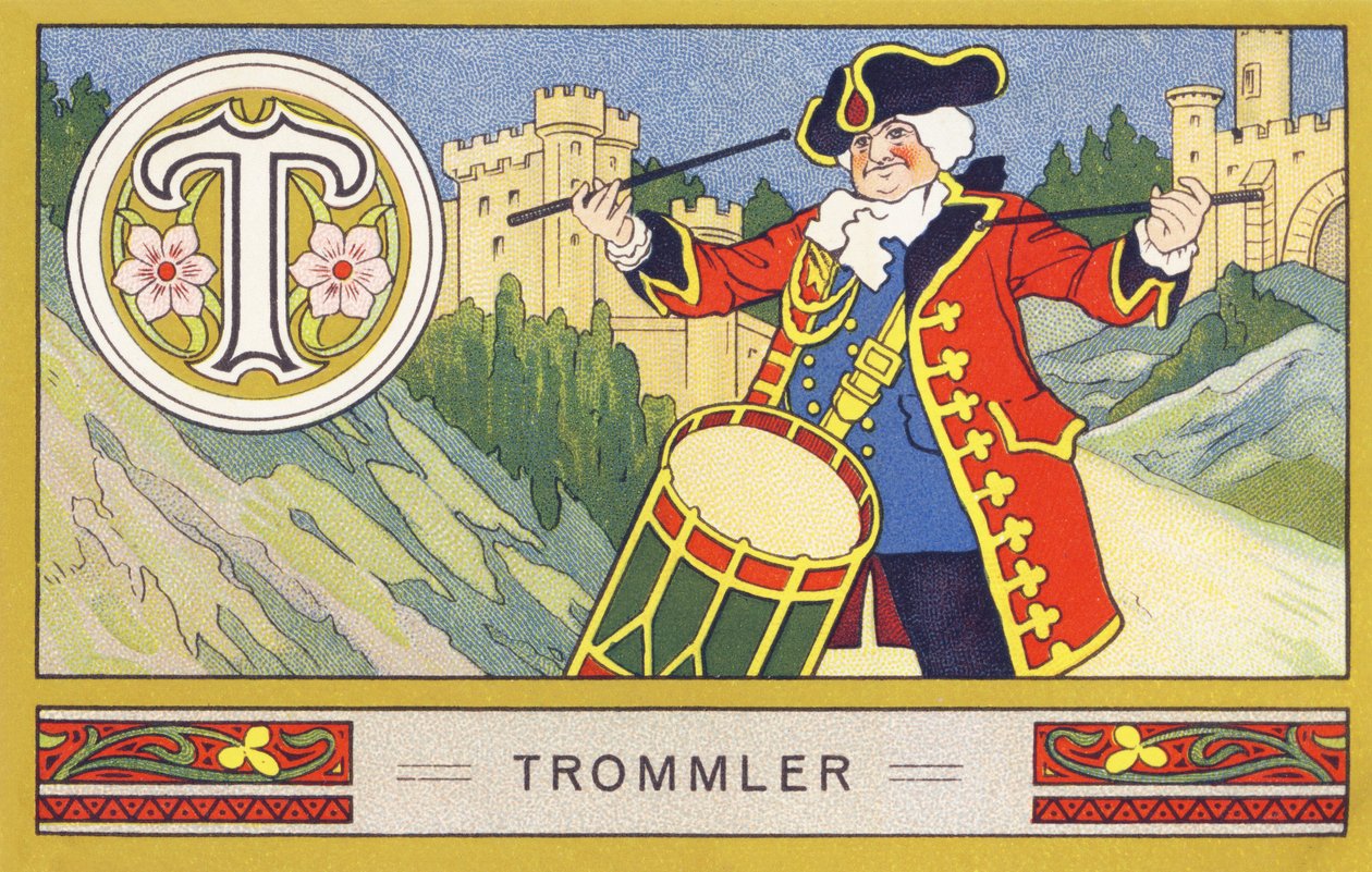 T: Trommelaar - Alphabet Palmin. Serie chromolithografieën uitgegeven door H. Schlinck & Cie, Hamburg. Reclame voor Palmin fijnste kokosvet. Afmetingen: 7 x 11 cm door William M. Timlin