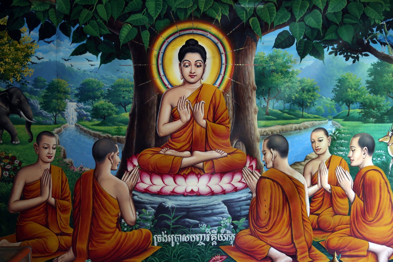 Tempelfresco met Boeddha en discipelen. Cambodja door Unbekannt