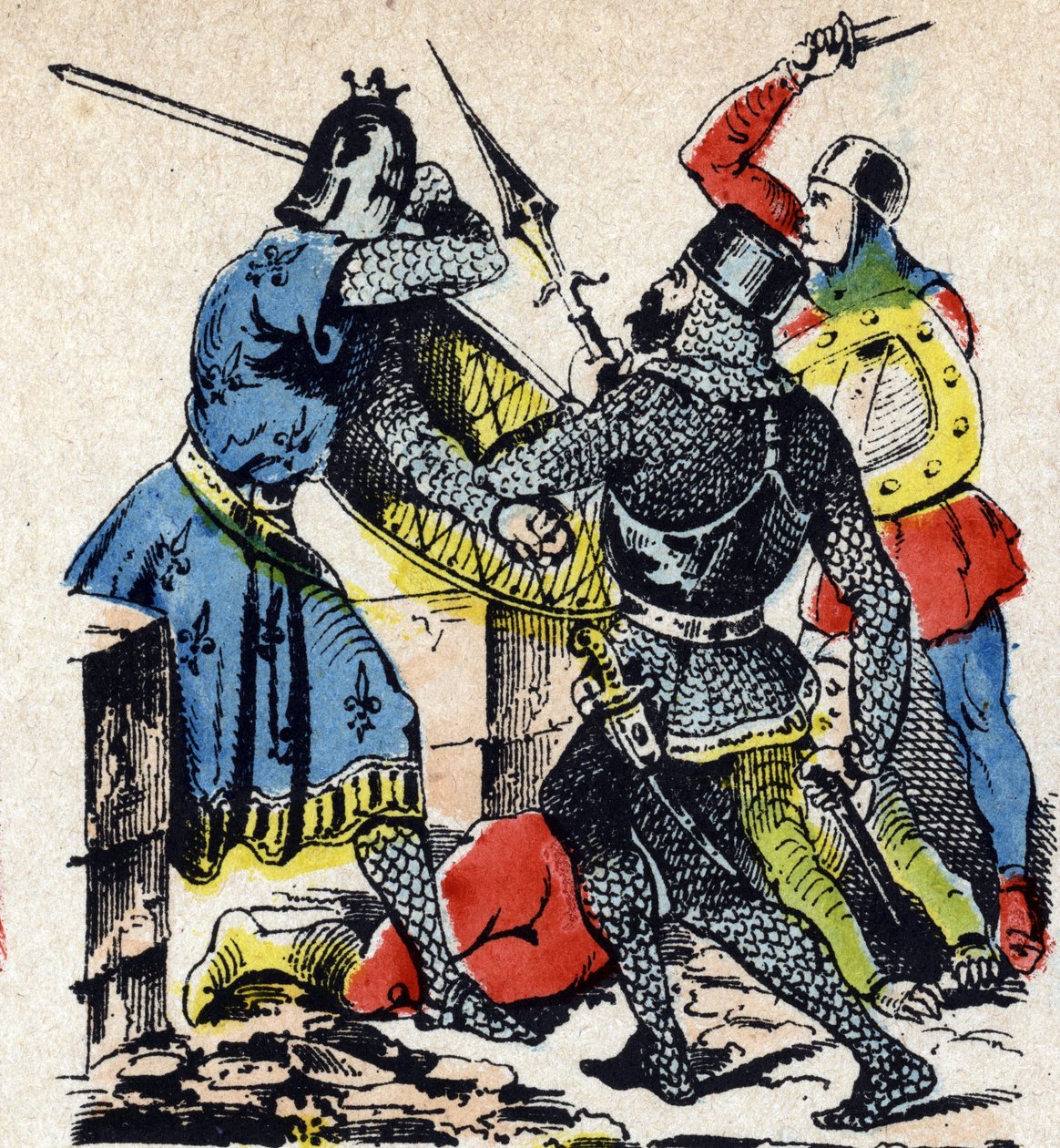 De Slag bij Taillebourg tussen de koning van Frankrijk Lodewijk IX en zijn broer de graaf van Poitiers Alphonse tegen de wapens van hun vazallen opstand, Hendrik III van Engeland en Hugues X van Lusignan. Epinal afbeelding 19e eeuw (gravure) door Unbekannter Künstler