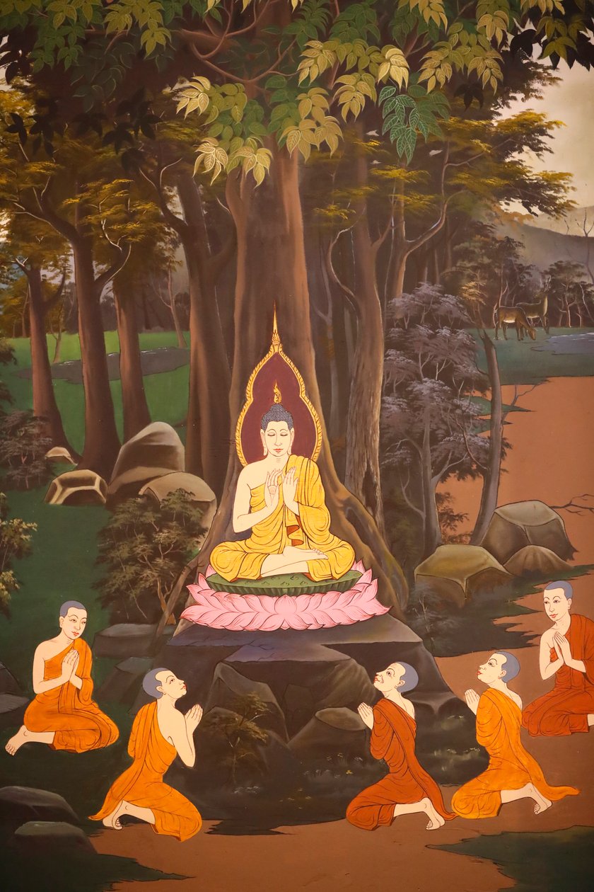 De Boeddha predikte zijn eerste preek aan de vijf monniken, Muurschildering, Wat Botum tempel, Phnom Penh, 2022 door Unbekannter Künstler