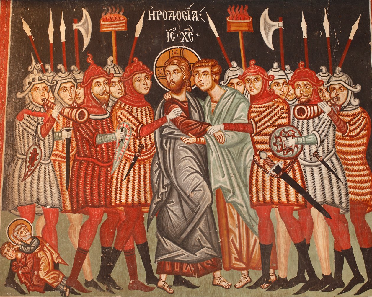 De Byzantijnse Fresco uit de 15e eeuw Judas Verraad en de arrestatie van Jezus Michael Aartsengel Kerk in Pedoulas Cyprus Geschilderde kerken UNESCO site Troodos, Cyprus door Unbekannt