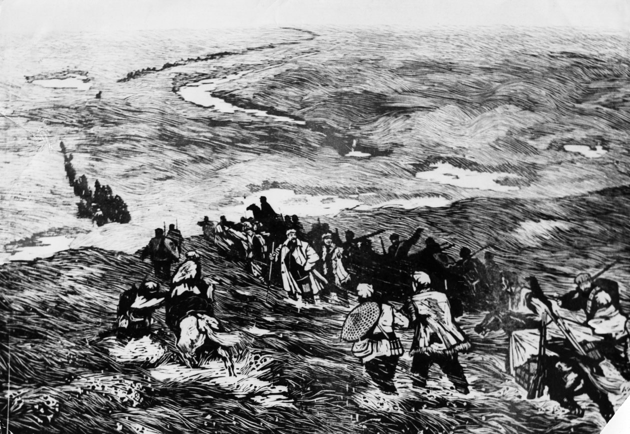 Het Chinese Rode Leger trekt door het moerasgebied. Een houtsnede door Li Huan-min. Het Rode Leger wordt getoond terwijl het in 1935 een moeras oversteekt door Unbekannt