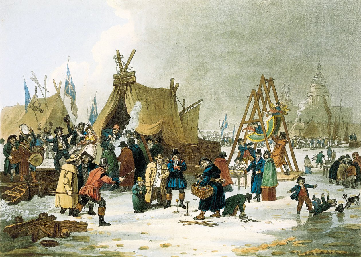 De Theems bevroren tijdens de winter van 1813-1814, voor de sloop van de oude London Bridge in 1831, de Theems bevroor tijdens zeer koude winters, en Londenaren maakten van de gelegenheid gebruik om speelplaatsen voor kinderen op te zetten, geïmproviseerde door Unbekannter Künstler
