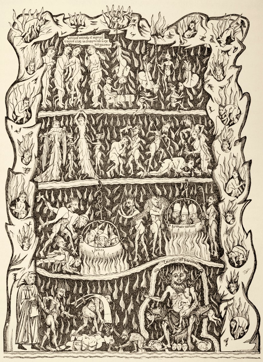 De kwellingen van de hel, uit een miniatuur in een 12e-eeuws manuscript vernietigd na een brand in de bibliotheek van Straatsburg tijdens een Pruisische bombardement door Unbekannt