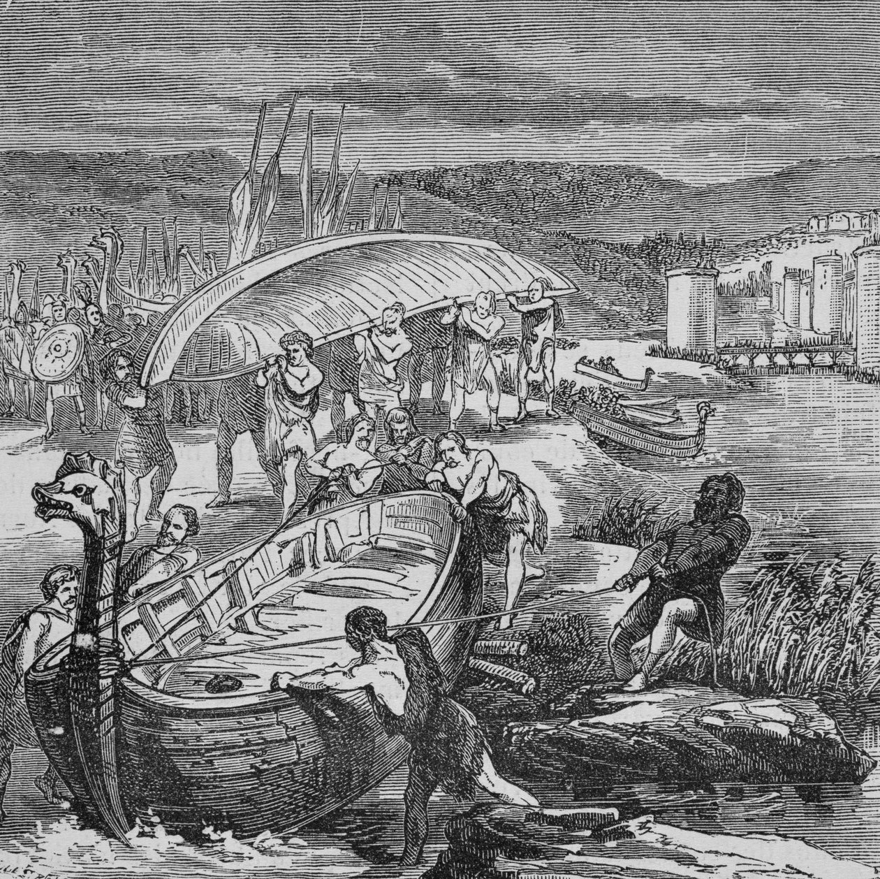 De Vikingen moesten hun boten uit het water halen en vervoeren om rond weddenschappen te komen (gravure) door Unbekannter Künstler