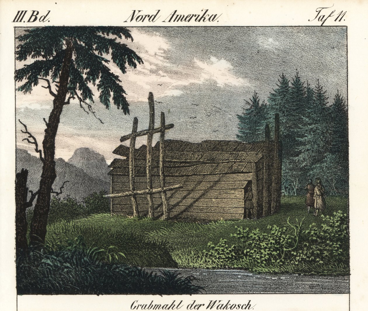 Het houten graf van de Wakashan Indianen (Canada). Lithografie voor het boek: “Galerie complete en tableaux fideles des peuples d