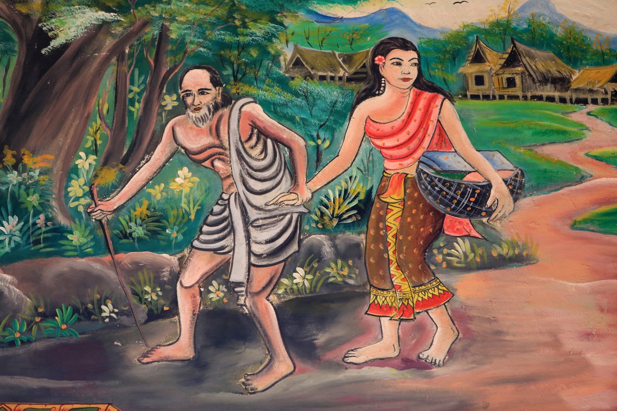 De dag ervoor. Ontmoeting met de dorpeling. Het pad van verlichting. Leven van Boeddha. Plafondkunstwerk dat het leven van Boeddha afbeeldt. Wat Inpeng. Ventiane. Laos door Unbekannt