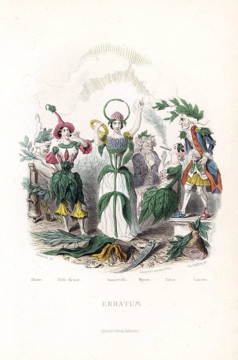 De bloemenfeeën, die van de olijf, slapend in een katoenen muts, de nachtschone, de immortelle met een kroon en een slang aureool, de mirte in een oude man, de tabak die de sigaar rookt en de laurier in een oude musketier - Ets door Charles Geoffroy (1819- door Unbekannter Künstler