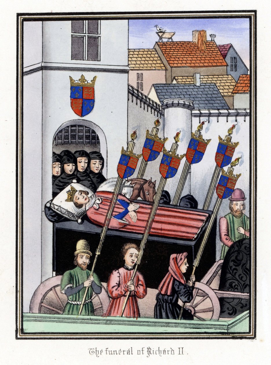 De begrafenisstoet van Koning Richard II van Engeland (1367-1400), vertrekkend van het kasteel van Pontefract naar de kathedraal van Saint Paul van Londen (Engeland) door Unbekannter Künstler