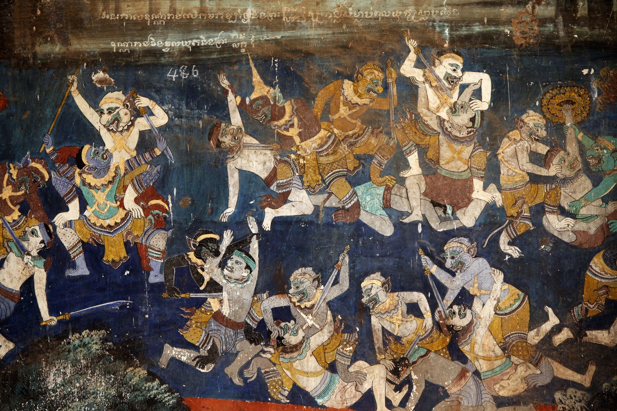 Het interieur van de Zilveren pagode is bedekt met muurschilderingen die verhalen uit de Reamker uitbeelden, de Khmer-versie van het klassieke Indiase epos, de Ramayana. Sommige delen van de muurschilderingen zijn verslechterd en beschadigd door het weer. door Unbekannt