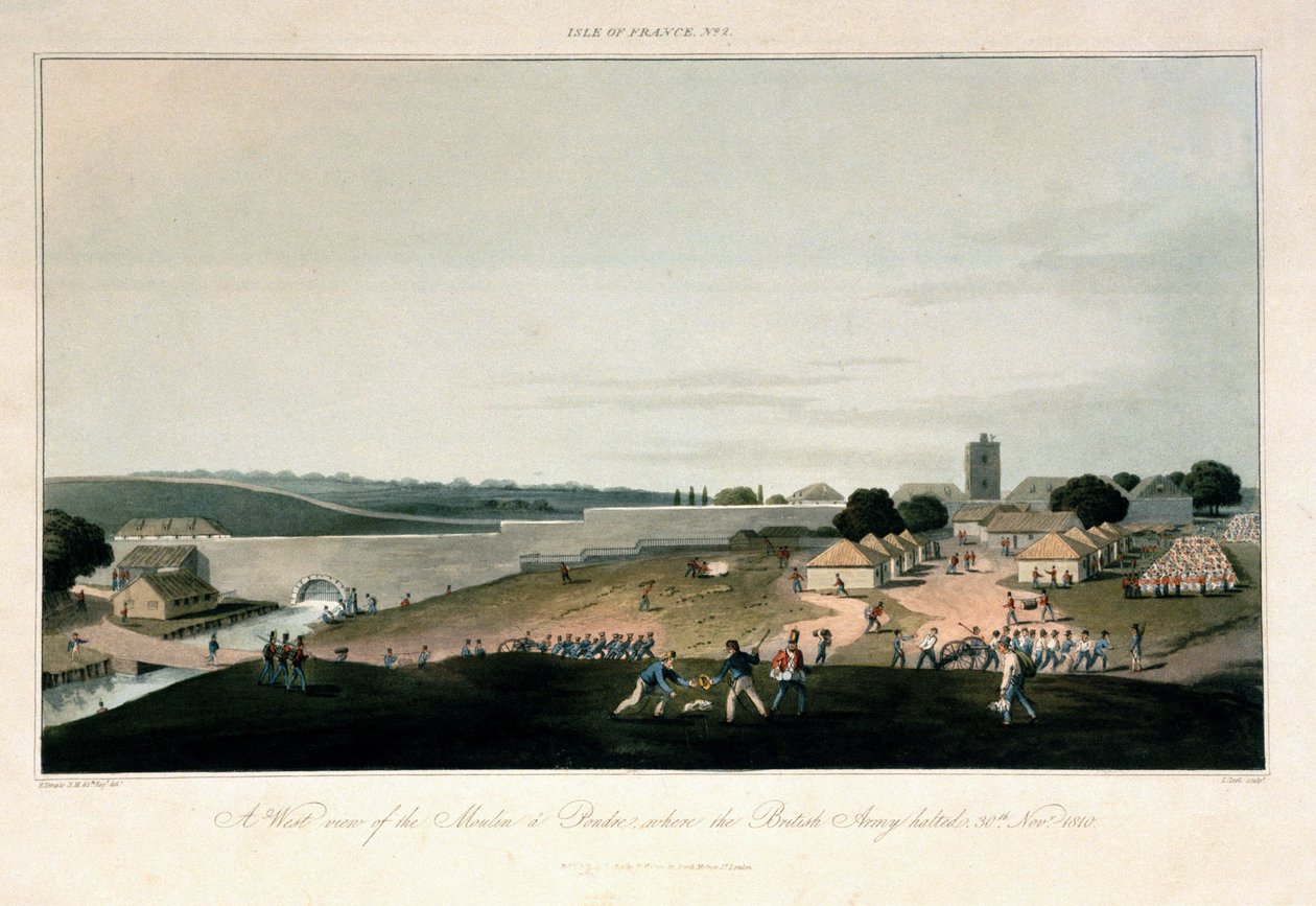 Het eiland Frankrijk (Mauritius), westelijk uitzicht op de molen in Pondre, waar het Britse leger op 30 november 1810 gestationeerd bleef. Kleurgravure door Unbekannter Künstler