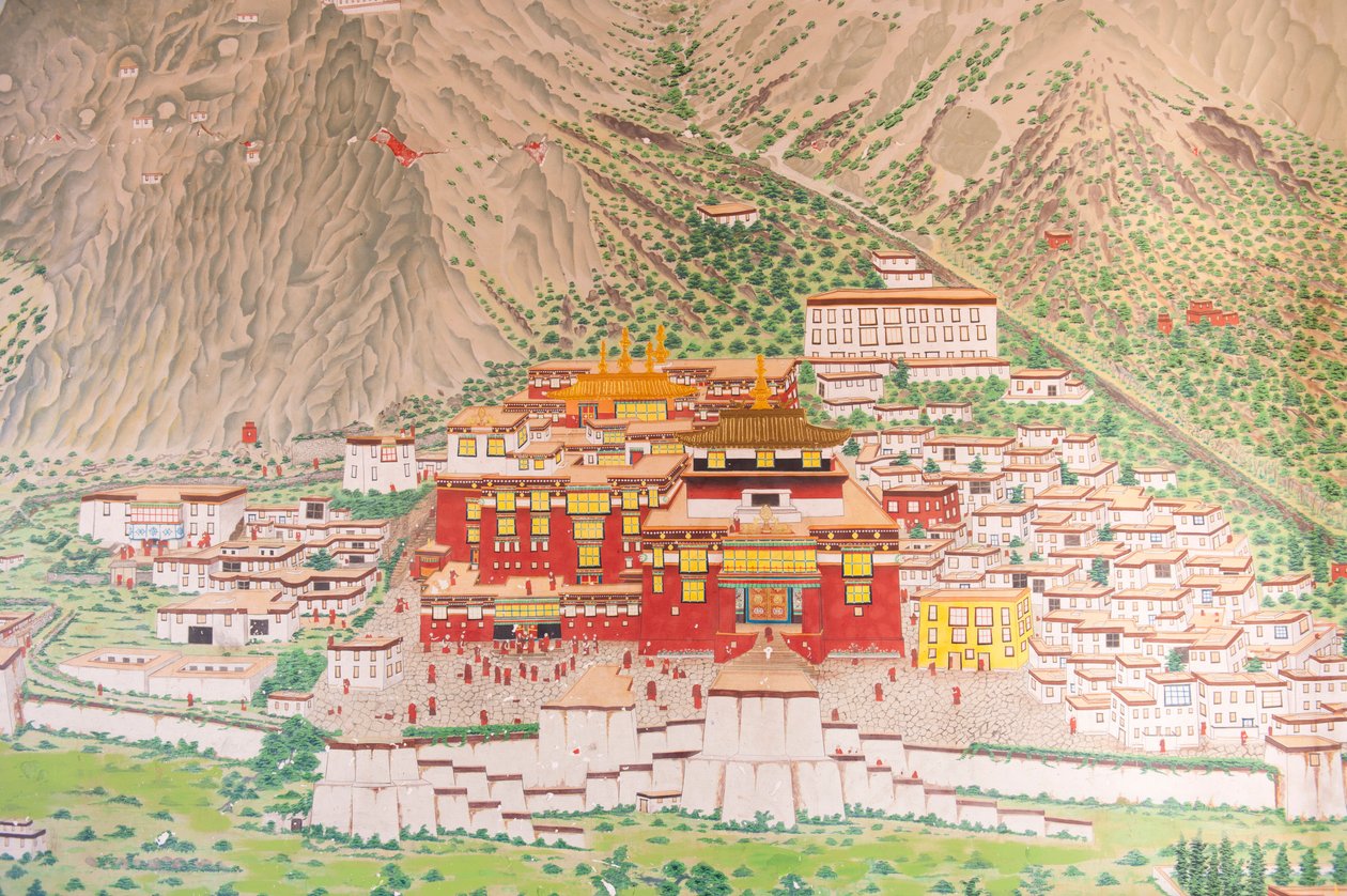 Tibetaans boeddhisme; hoofdmonasterie van de Karma Kagyu-lijn; Tsurphu in Tibet; muurschildering bij de ingang van het Rumtek-klooster nabij Gangtok; Sikkim; Himalaya; India; Zuid-Azië; Azië door Unbekannt