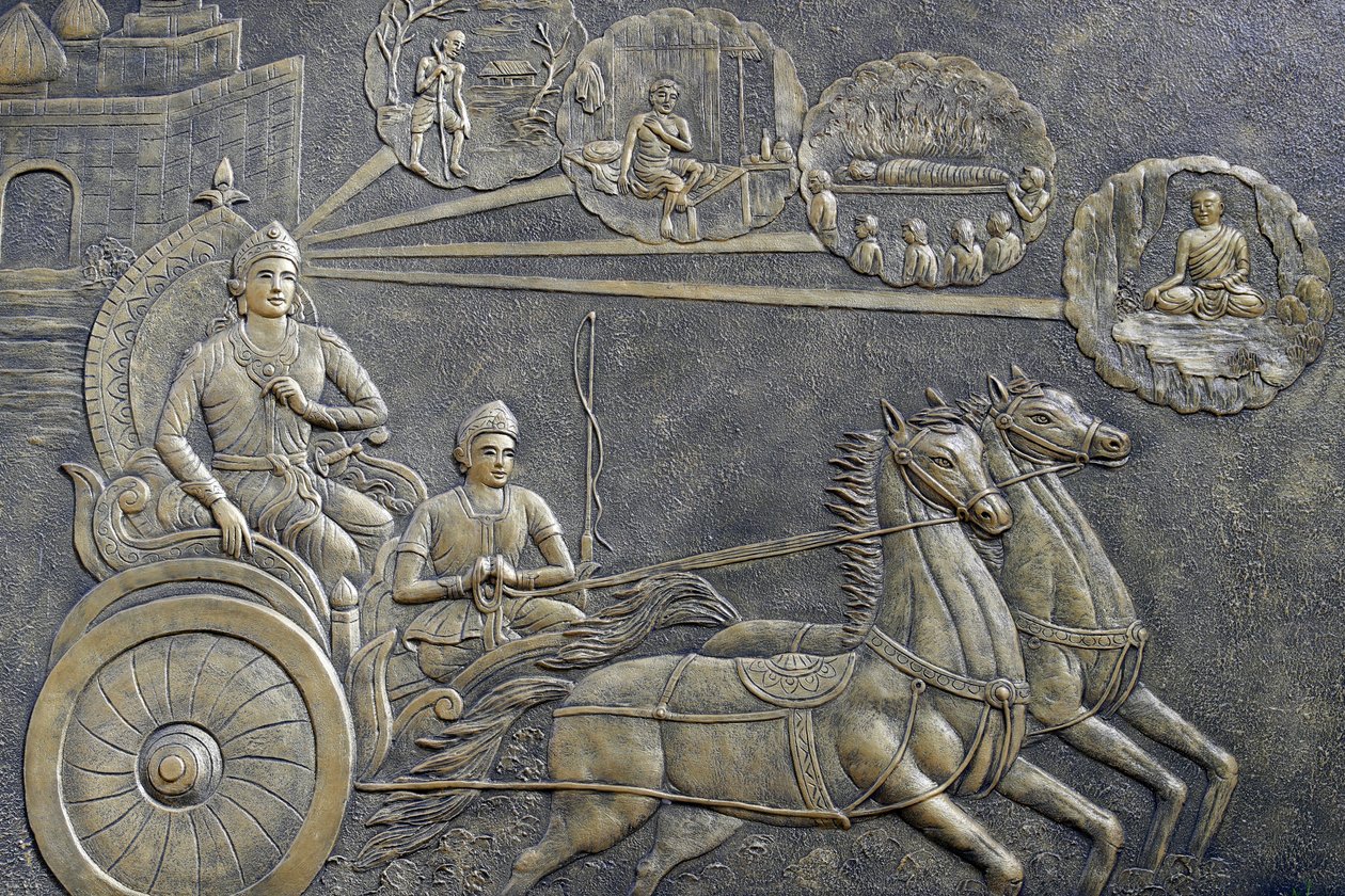 Tinh Xa Ngoc Chau Boeddhistische tempel, Het Leven van de Boeddha, Siddhartha Gautama, Prins Siddhartha vroeg een wagenmenner om hem mee te nemen op een reeks ritten door het platteland, Chau Doc, Vietnam, 2018 (foto) door Unbekannt