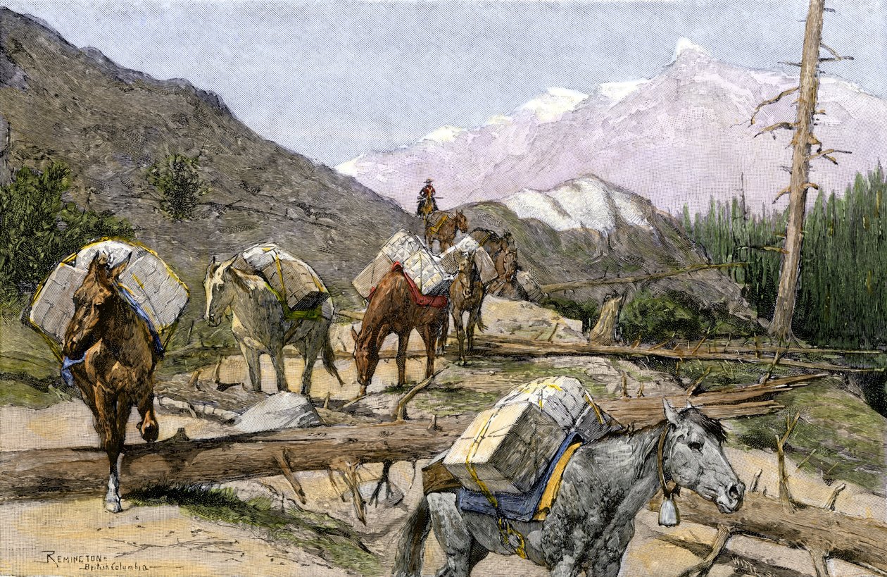 Transport van voorraden en bont te paard in de Rocky Mountains, VS. Naar een illustratie van Frederic Remington door Unbekannter Künstler