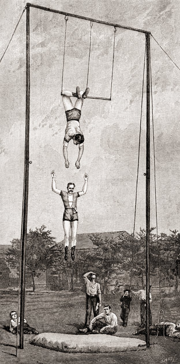 Trapeze-artiesten in de 19e eeuw, uit The Century Magazine, gepubliceerd 1887 (gravure) door Unbekannt