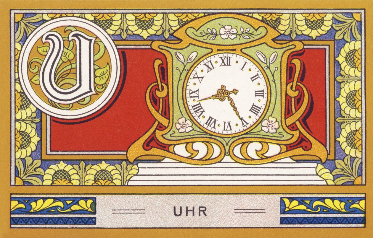 U : Uhr - Alfabet Palmin. Serie chromolithografieën uitgegeven door H. Schlinck & Cie, Hamburg, s. d. . Reclame voor Palmin feinstes Cocosfett. Afmetingen: 7 x 11 cm door Unbekannter Künstler