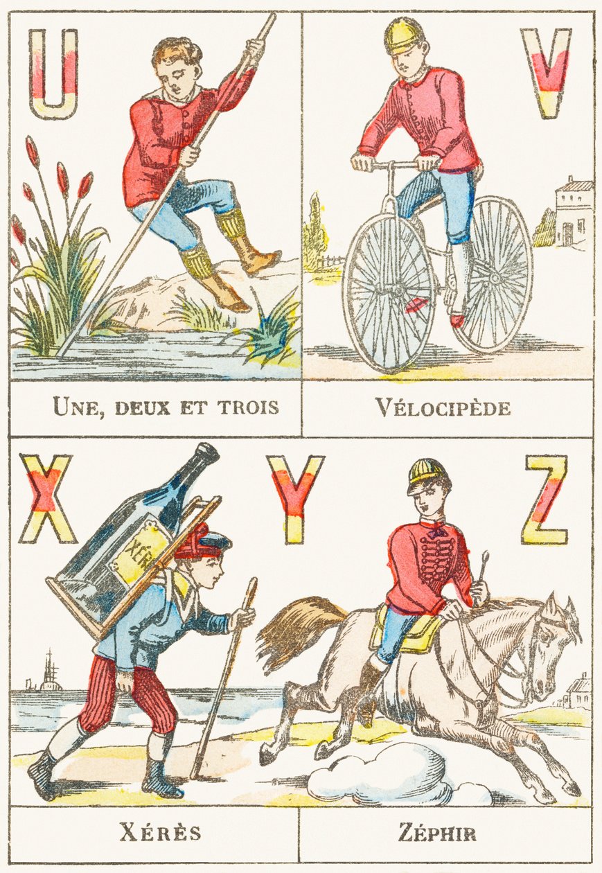 U V X Y Z; U: Een, twee en drie; V: Velocipede; X: Xeres; Z: Zephir - Spelletjes Alfabet, c.1890 door Unbekannt