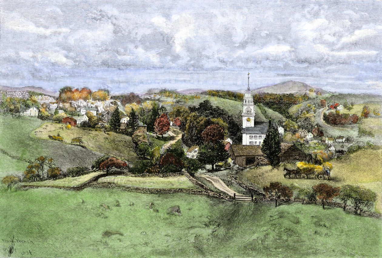 Verenigde Staten, Staat New Hampshire: Dorp New Boston, New Hampshire jaren 1800. Kleurgravure uit de 19e eeuw. door Unbekannter Künstler