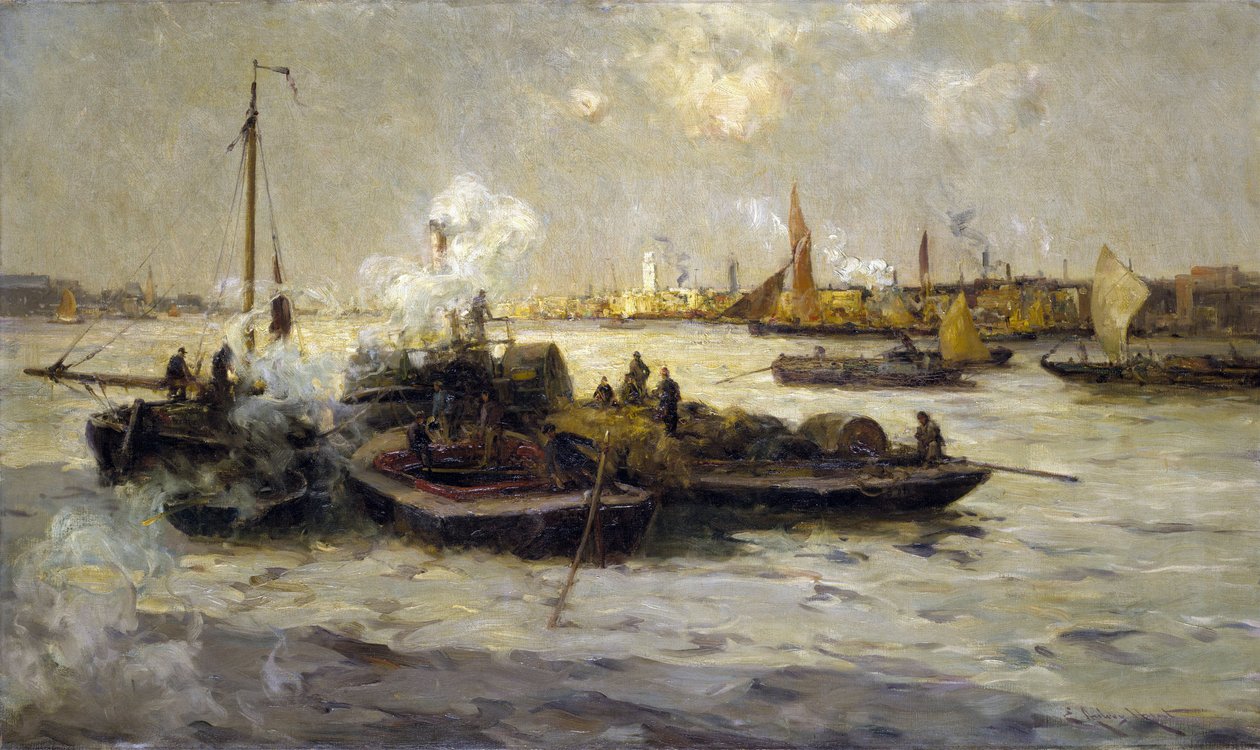 Uitzicht op Limehouse, Engeland, met een beschrijving van de industrialisatie van de Theems aan het einde van het Victoriaanse tijdperk (laat 19e eeuw) en van sleepboten, cutters en schuiten, op de achtergrond de Witte Toren van Sint George door Unbekannter Künstler