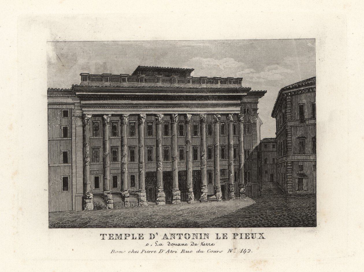 Uitzicht op de Tempel van Hadrianus, Templum Divus Hadrianus, met 11 zuilen gewijd door zijn adoptiefzoon Antoninus Pius, Tempel van Antoninus Pius, Rome door Unbekannt