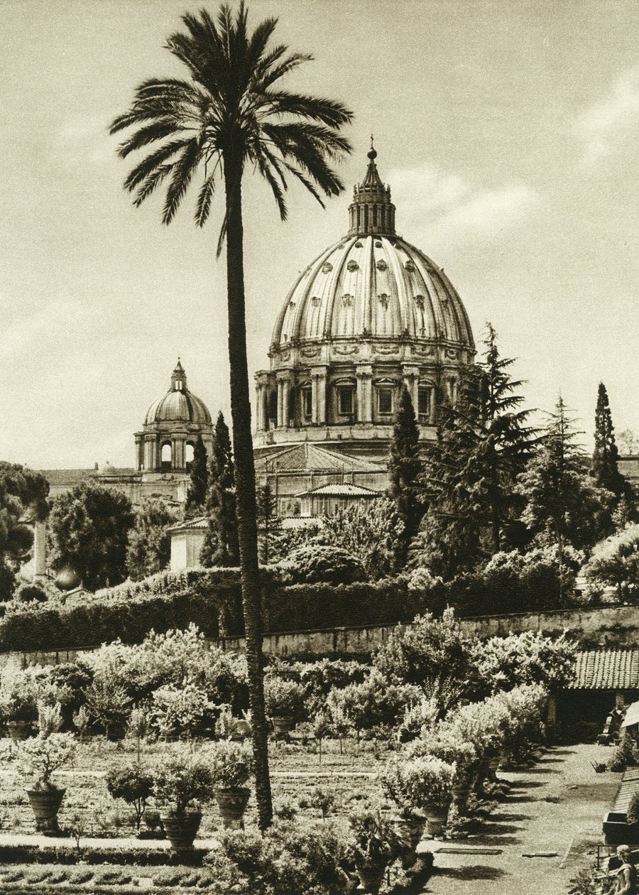 Zicht op de Vaticaanse tuinen en de Sint-Pietersbasiliek (San Pietro) in Rome door Unbekannt