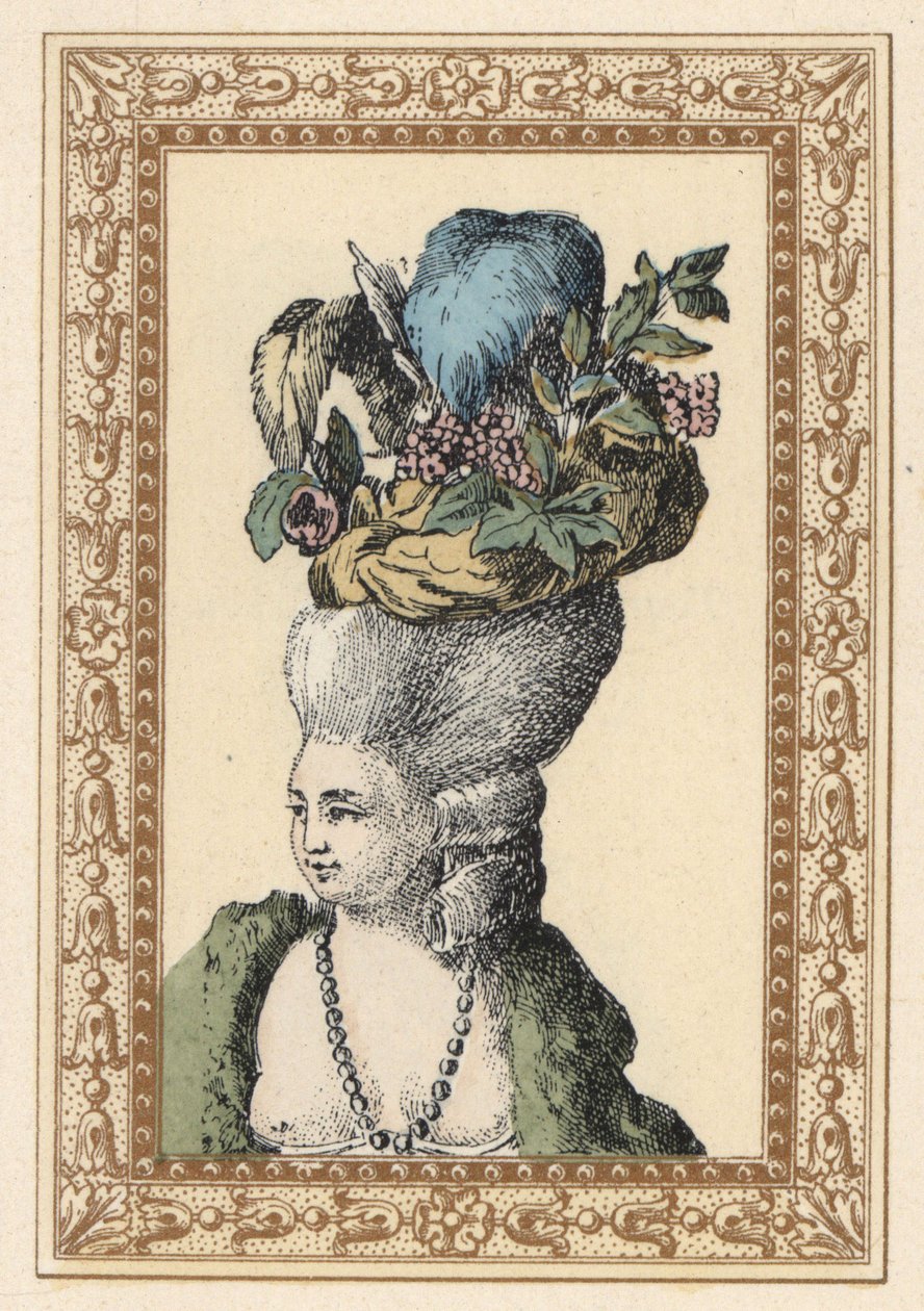 Vrouw in opgestoken kapsel met muts versierd met druiven en veren genaamd Racy Cap in een Engels park. Galante hoed in het Engelse park. Handgekleurde lithografie door de Laubadere uit Octave Uzane