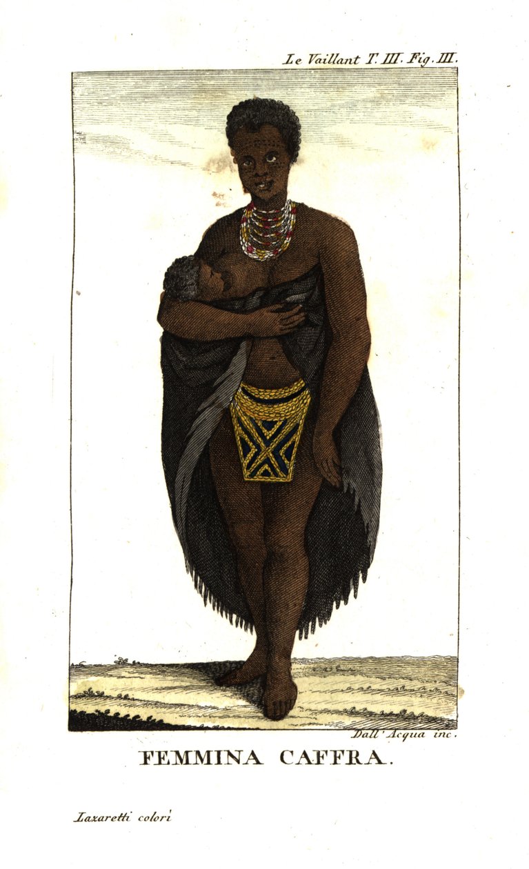 Jonge San vrouw die een kind voedt, Zuid-Afrika. Ze draagt een cape, kettingen en een kralenrok. Uit Francois Le Vaillant (Levaillant door Unbekannter Künstler