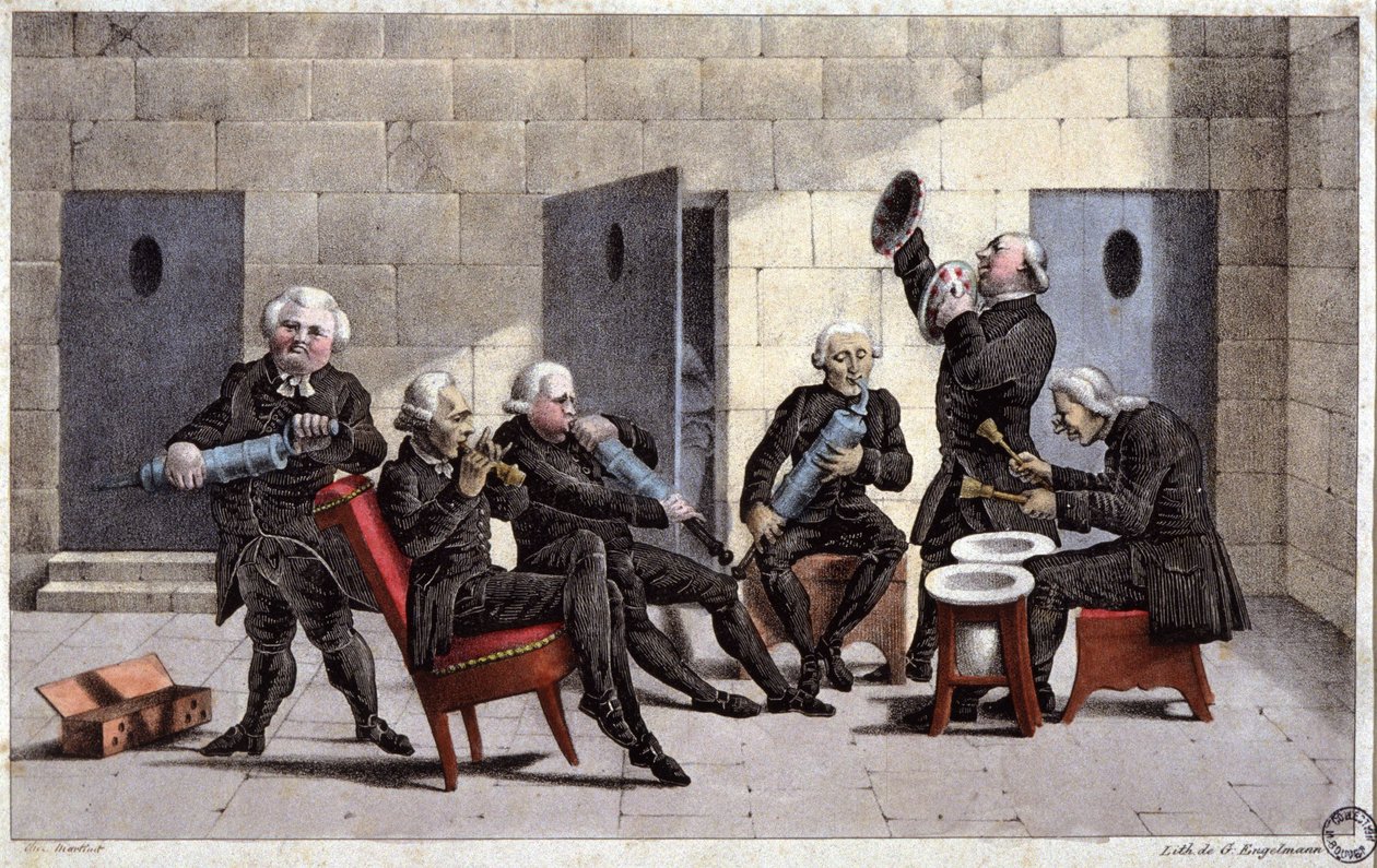 Amateurs spelen een courante, Franse cartoon tegen artsen (met spuiten en kamerpotten als muziekinstrumenten) en de zuiverende in de 18e eeuw, gravure door Elgelmann, ca. 1830 door Unbekannter Künstler