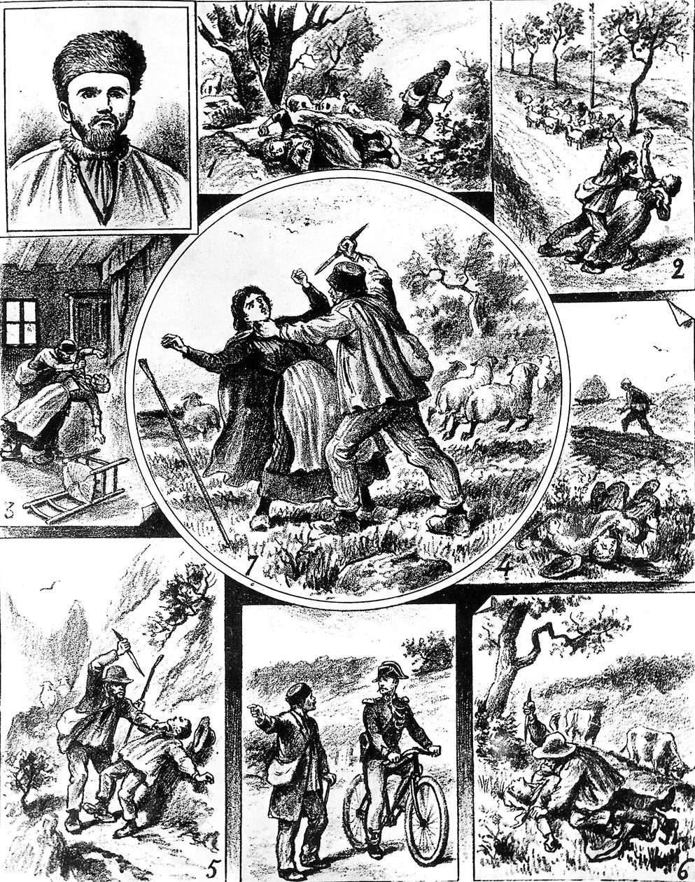 de Vacher-affaire, in Frankrijk eind 19e eeuw, een van de eerste seriemoordenaars, in 1895-1898, gravure door Unbekannt