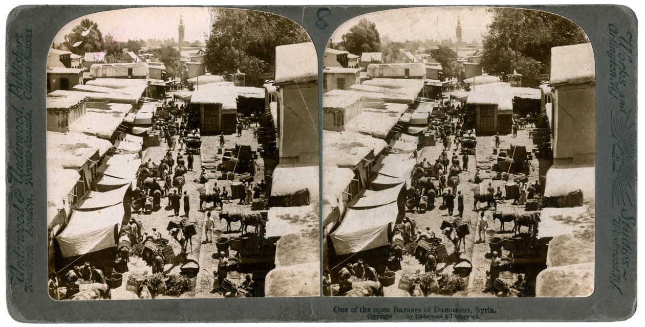 Een open bazaar in Damascus, Syrië, 1900s door Underwood and Underwood
