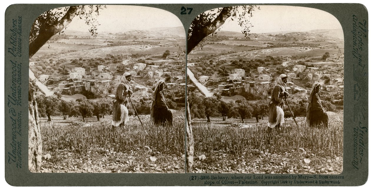 Bethanië, gezien vanaf de oostelijke helling van de Olijfberg, Palestina, 1899 door Underwood and Underwood