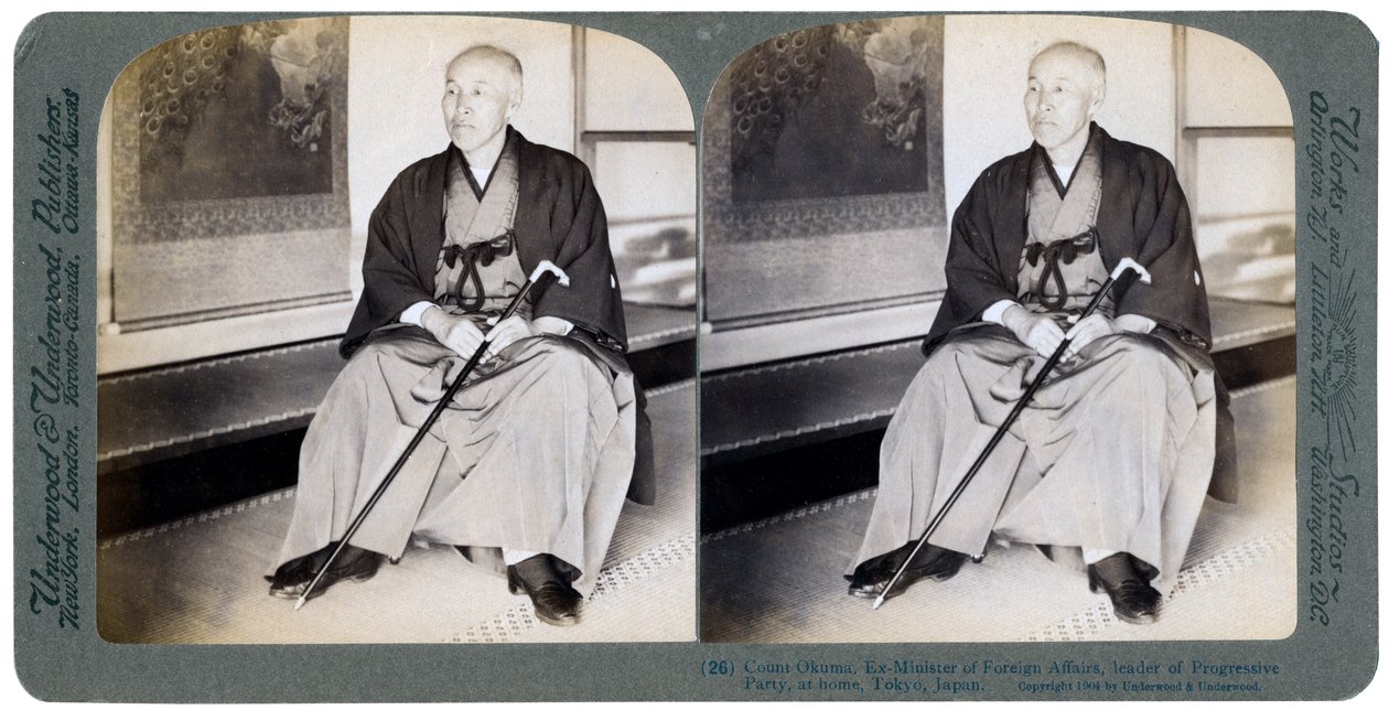 Graaf Okuma, ex-minister van Buitenlandse Zaken, leider van de Progressieve Partij, Tokio, Japan, 1904 door Underwood and Underwood