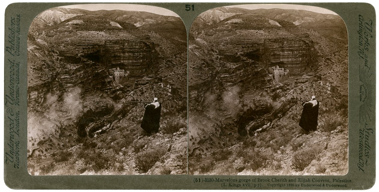 De kloof van Brook Cherith en Elijah Klooster, Palestina door Underwood and Underwood