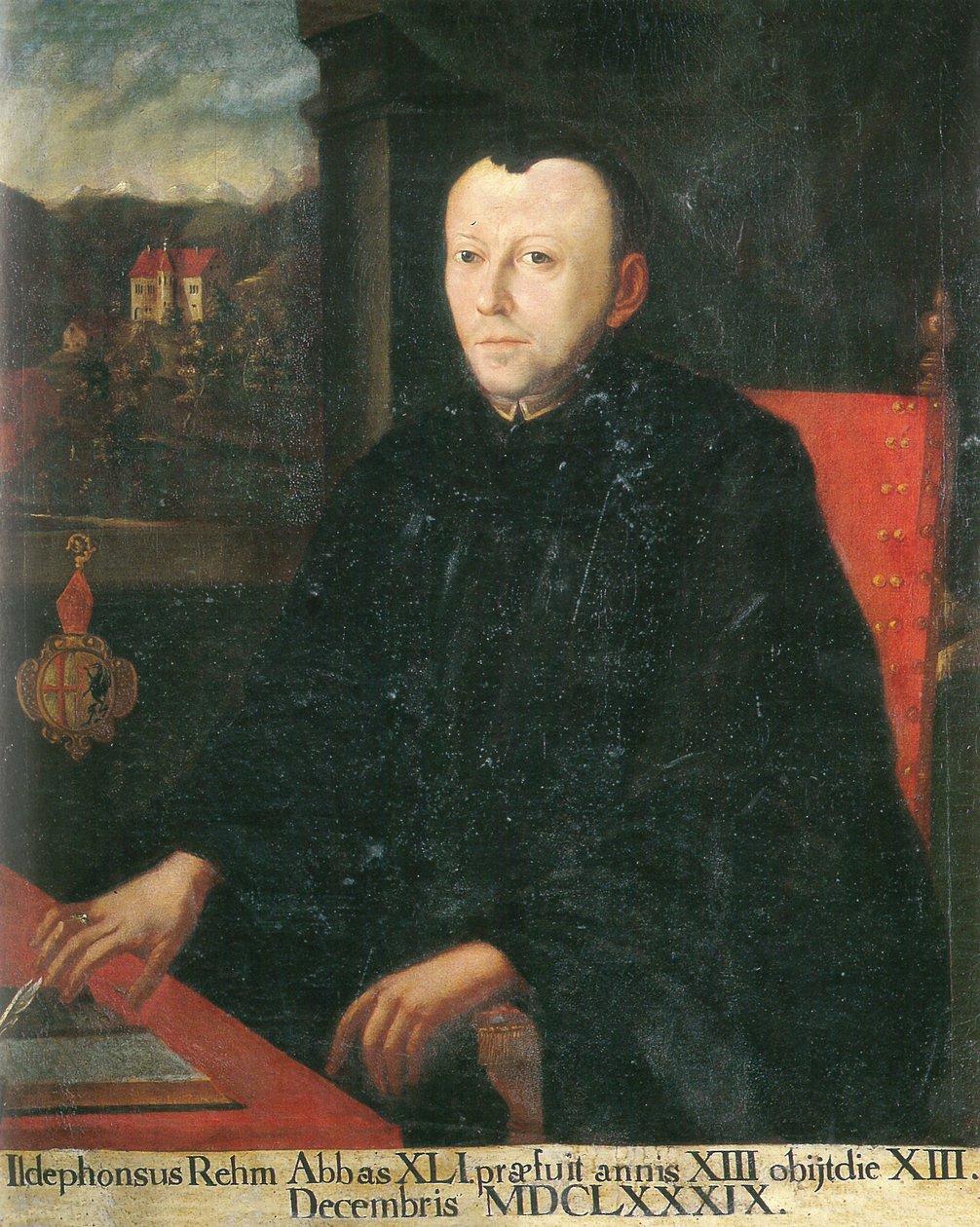 de 41e abt, Ildephons Rem (Rehm), met op de achtergrond een uitzicht op Schloss Eggen door Unknown