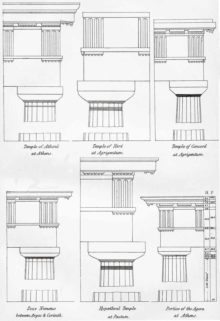 Voorbeelden van de Dorische orden van Griekse architectuur, uit The National Encyclopaedia, gepubliceerd c.1890 door Unbekannt Unbekannt