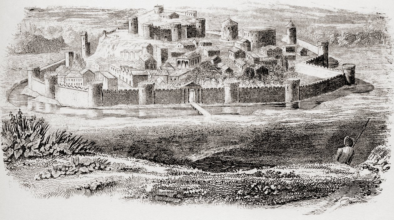 Algemeen uiterlijk van oude forten en typische architectuur van een middeleeuws kasteel, uit The National Encyclopaedia, gepubliceerd c.1890 door Unbekannt Unbekannt